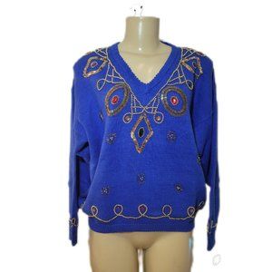 Joule Vintage 80s Blue Beaded bedazzled Runway Xmas Holiday Oversized Sweater
